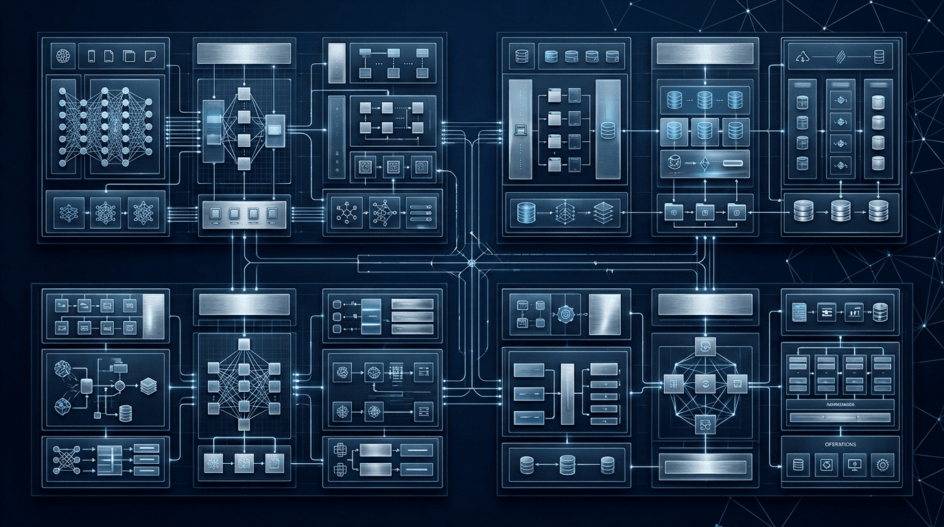 Axiom capability system diagram: AI-native products, workflow systems, applied tools, and digital infrastructure in a modular layout