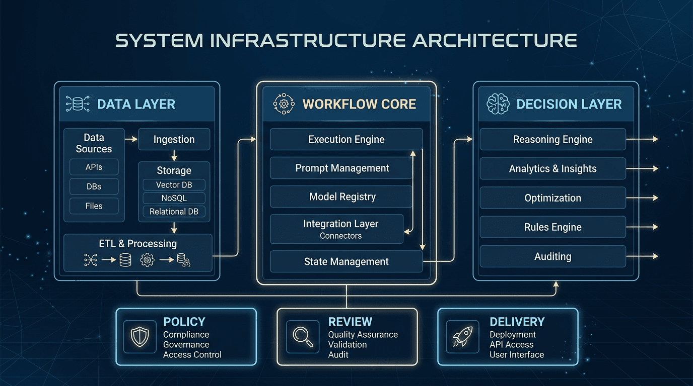 Axiom systems infrastructure diagram showing the data layer, workflow core, and decision layer